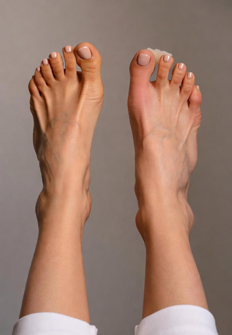 Женщина показывает вальгусную деформацию большого пальца стопы